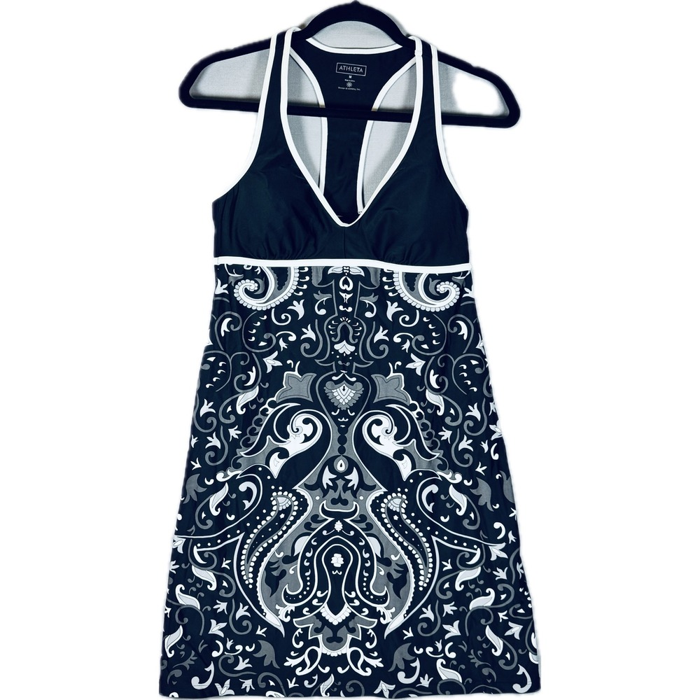 Athleta Swim Dress Women Medium Black Paisley Racerback Built-in Bra Athleisure